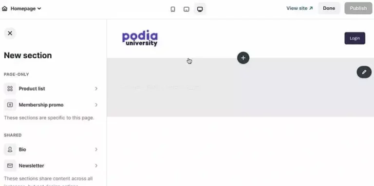 podia Creator page and the Site editor