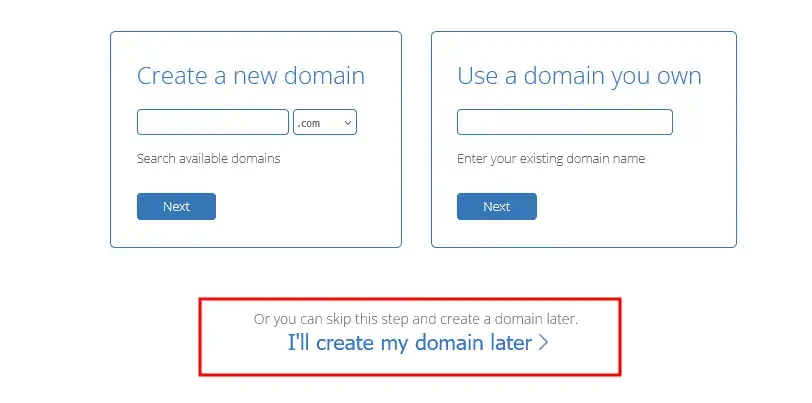 select domain later with bluehost